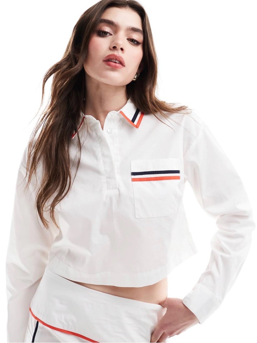ASOS Originals White Cropped Polo Blouse top Red & Navy Stripe Trim US 4